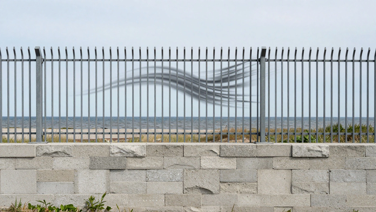 Комбинированный забор: бетонные блоки внизу и металлический штакетник сверху для защиты от ветра.