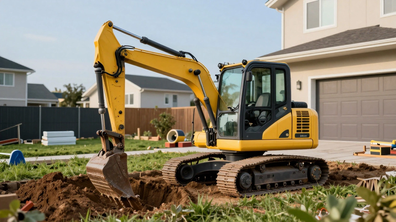 Мини-экскаватор работает на частной строительной площадке