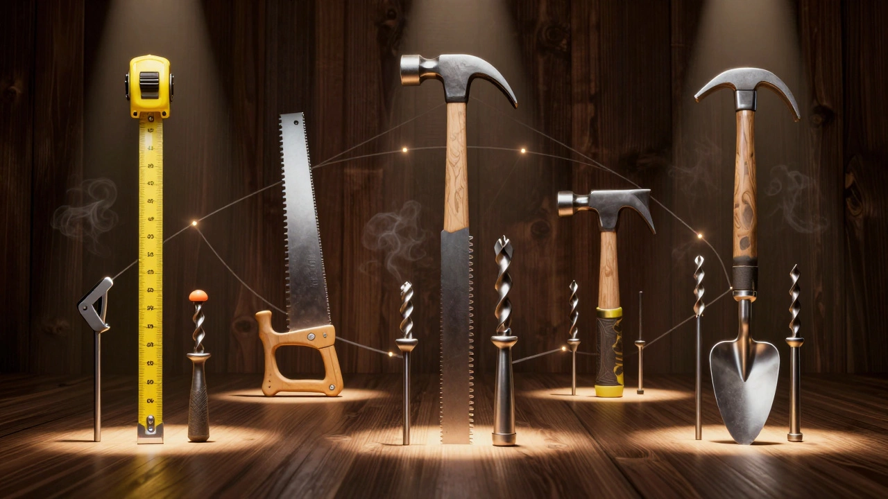 Пять групп строительных инструментов в виде символических столбов в мастерской.