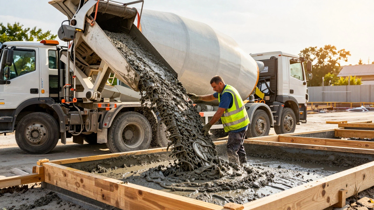 Подача свежего бетона из миксера в опалубку фундаментной плиты.