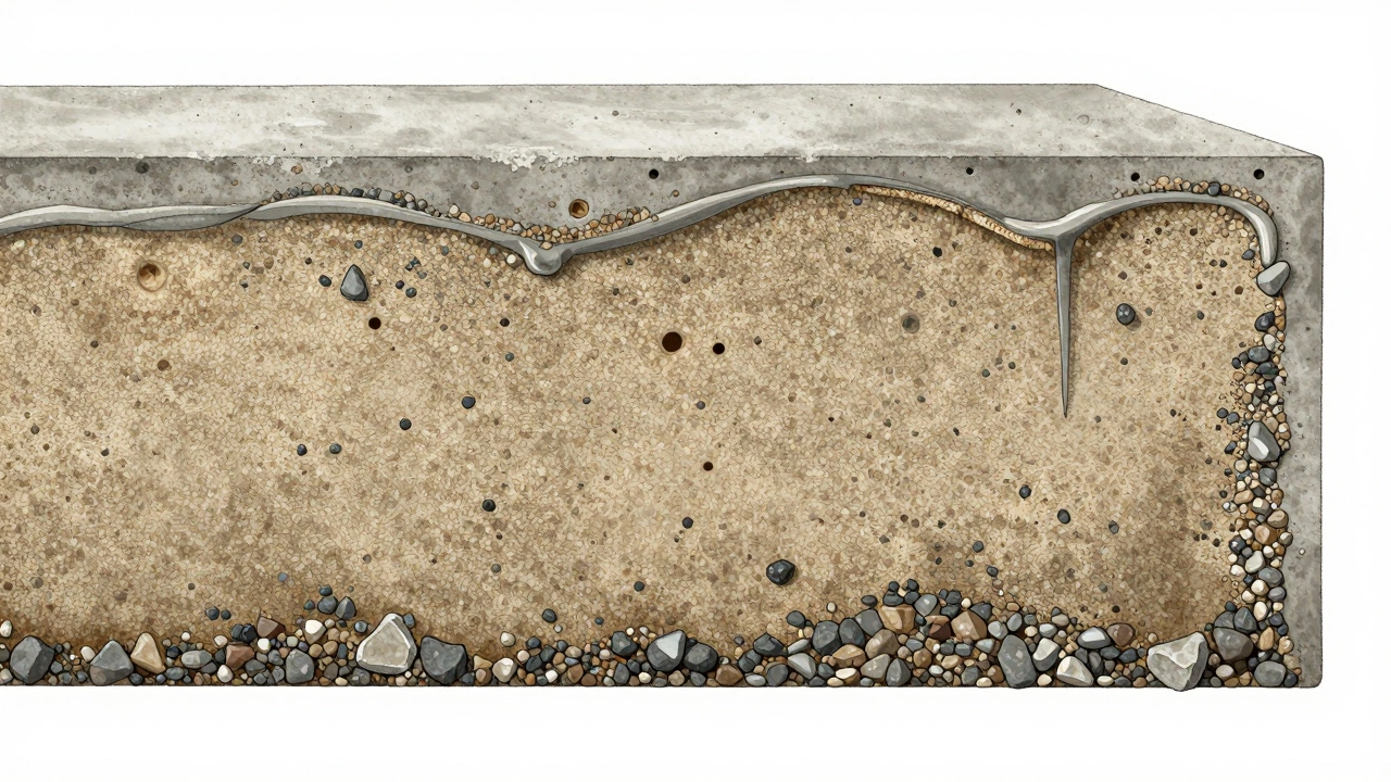 Поперечный разрез прочного бетона с плотным распределением наполнителей без трещин.