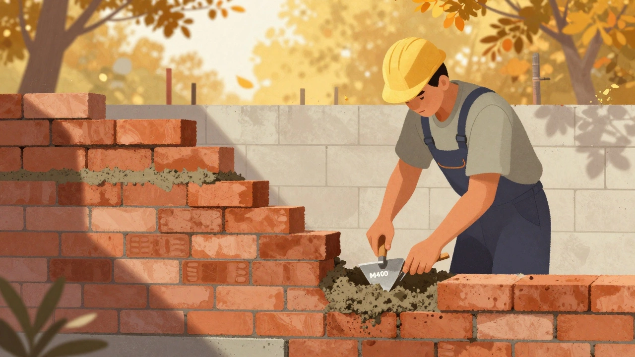 Рабочий готовит раствор М400 для кладки кирпича в пропорции 1:5, видны кирпичи и штукатурка.