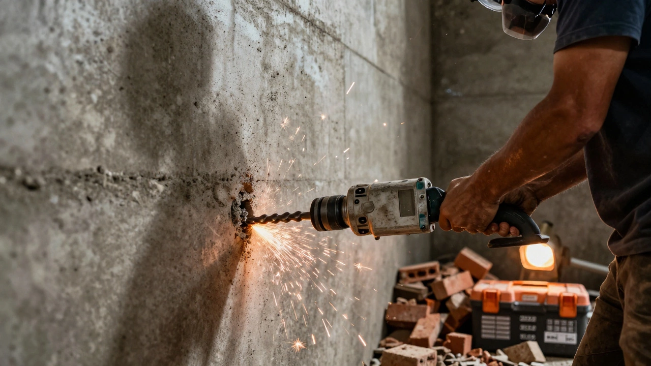 Рабочий сверлит бетонную стену перфоратором, летят искры.
