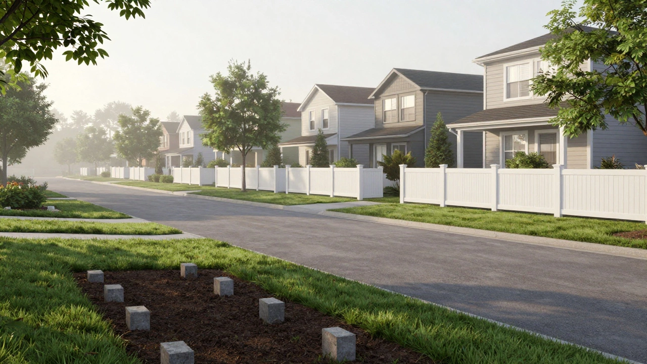 Ряд домов с единым стилем оград в тихом пригородном поселке утром.