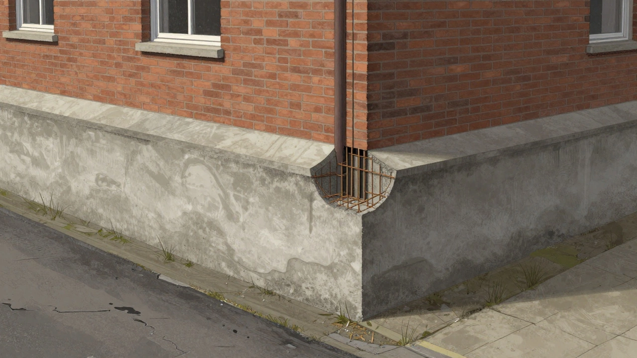 Разрез дома на фундаменте из М400 с дорожным покрытием и слоем бетона, показывающий прочность конструкции.