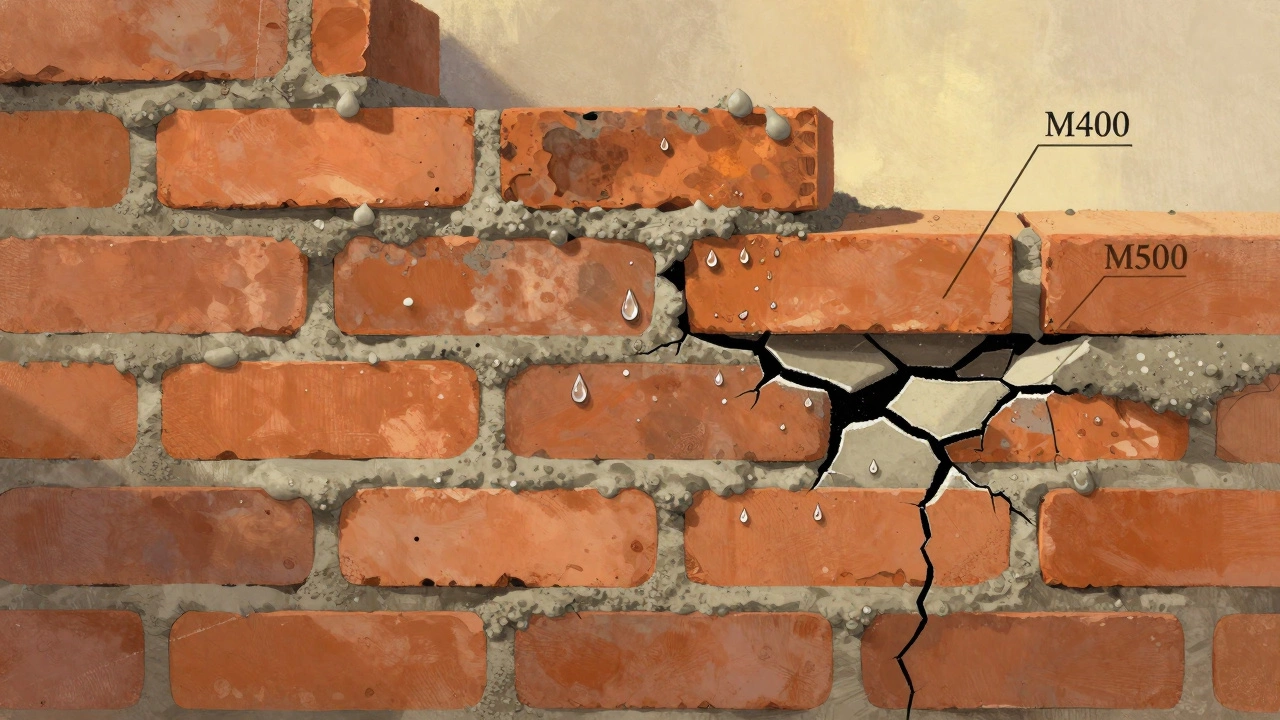 Разрез стены: швы из М400 целы, а из М500 — треснуты под действием влаги.