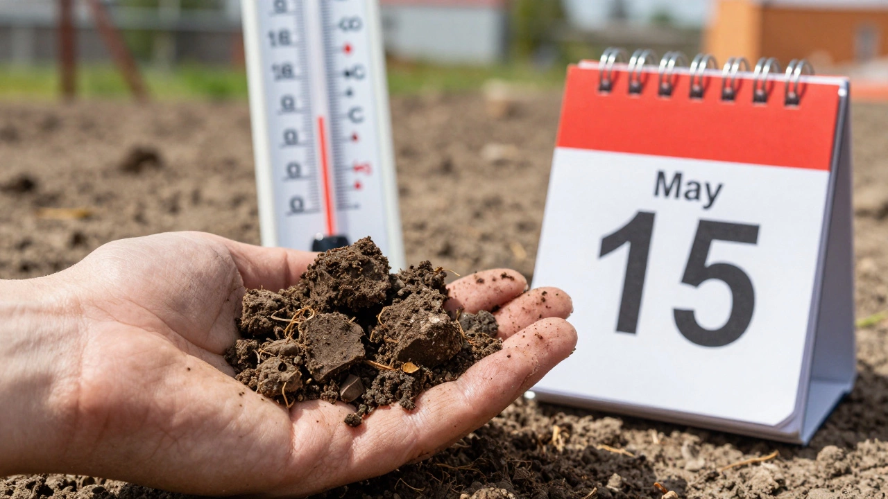 Рука держит сухой ком земли, рядом — термометр +16°C и календарь с датой 15 мая