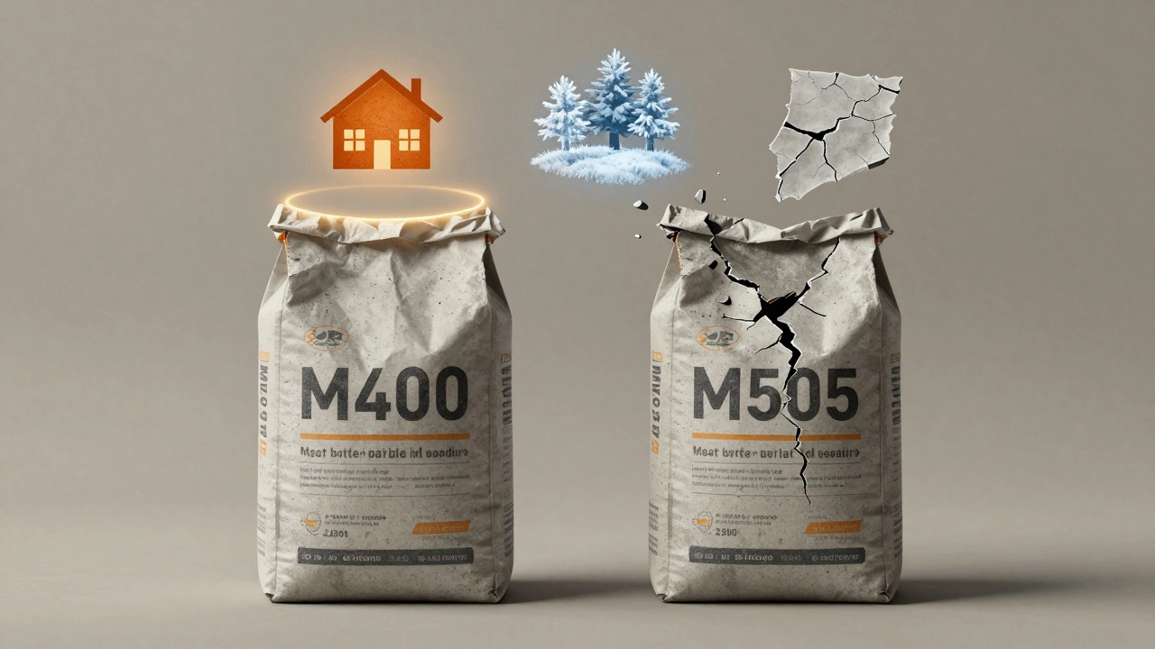 Символическое сравнение цементов М400 и М500: один прочный, другой разрушающийся.