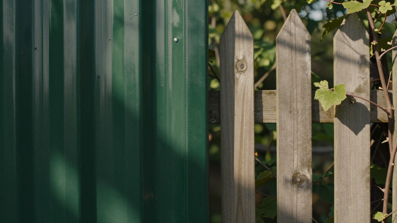 Сравнение материалов ограды: профнастил и деревянные доски на дачном участке.