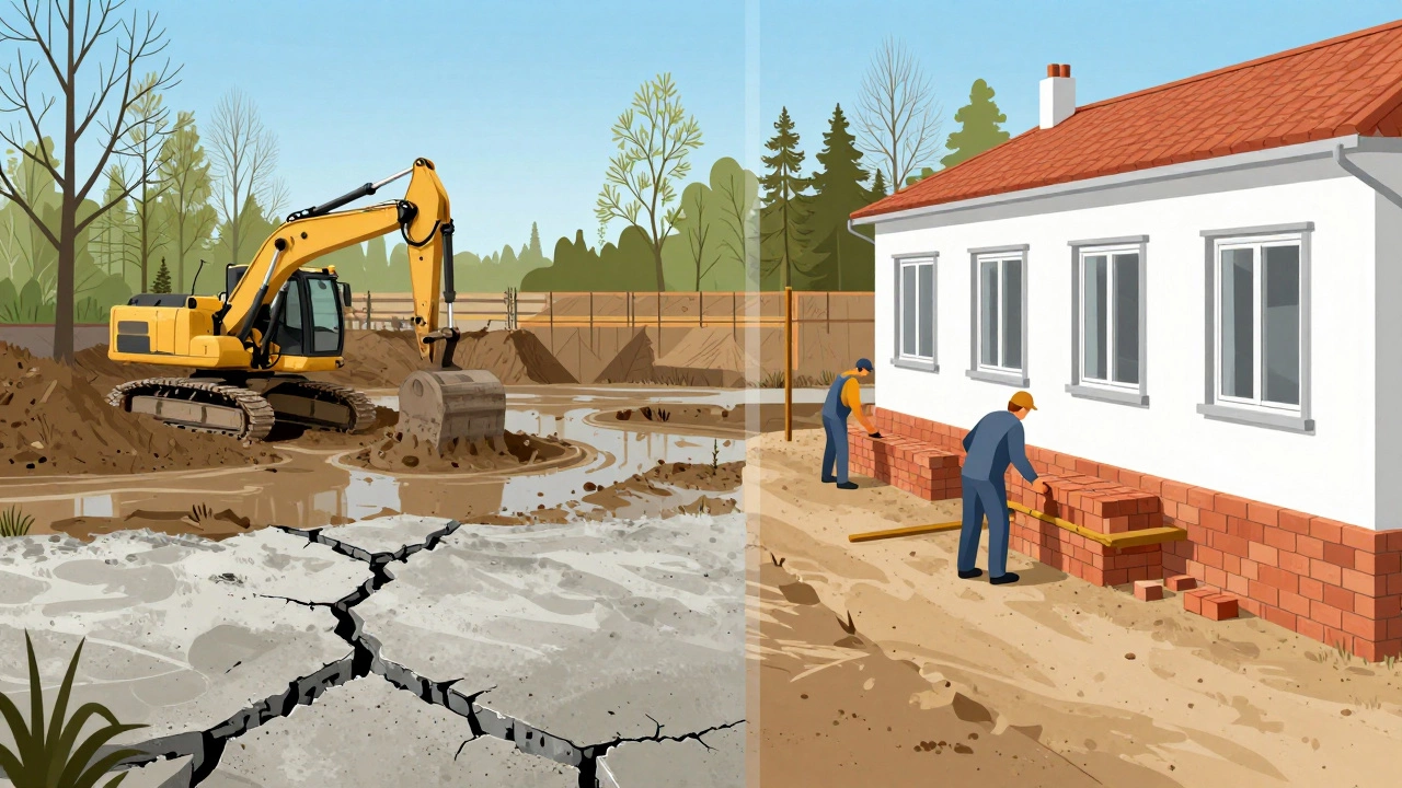 Сравнение строительной площадки в апреле (грязь, трещины) и в июне (сухо, работа ведётся)