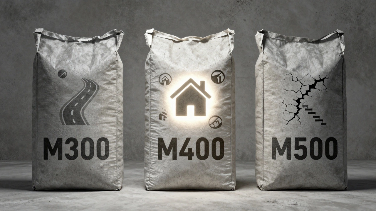 Три мешка с цементом: М300, М400, М500 — М400 выделен как оптимальный выбор для строительства.