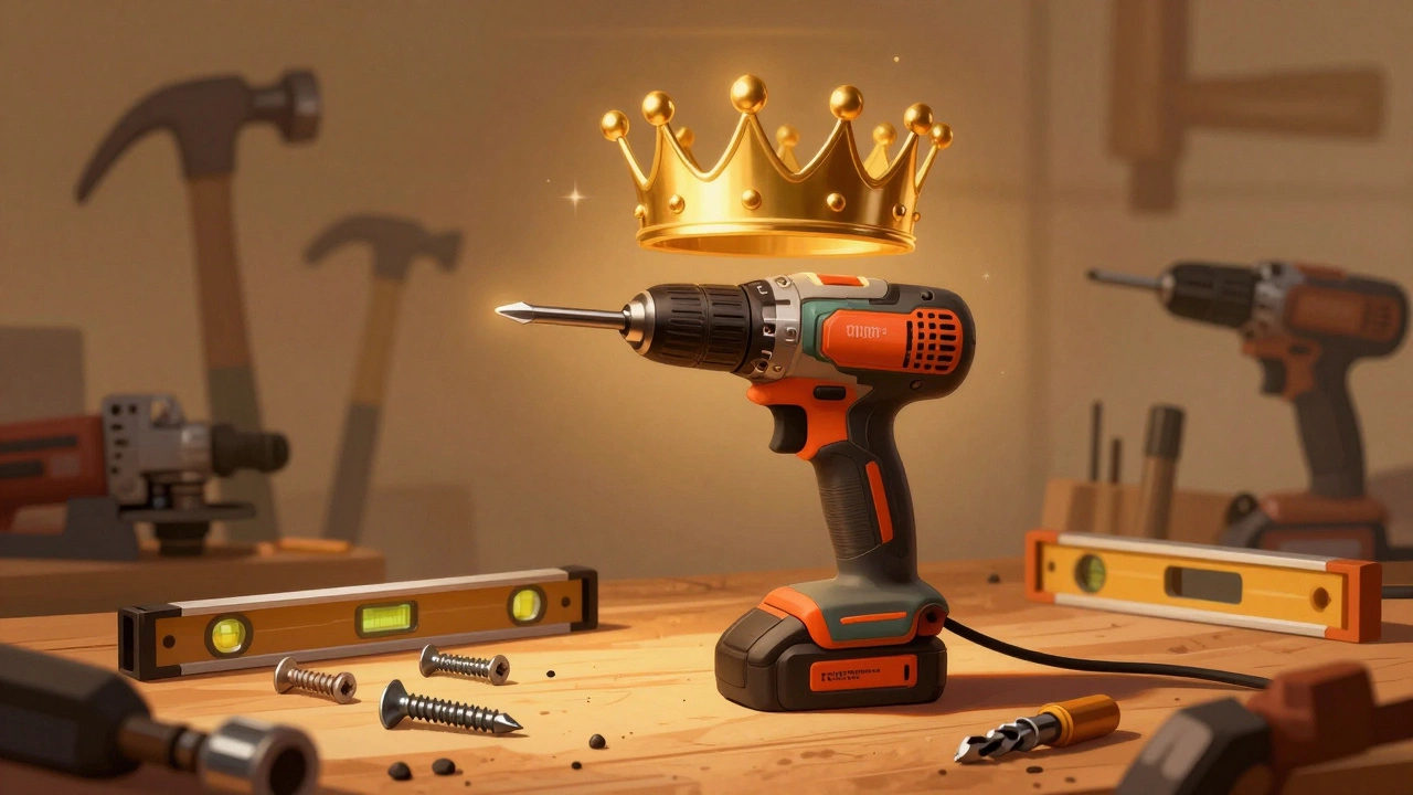 Золотая корона над шуруповертом на фоне других инструментов, символизирующая его королевский статус.