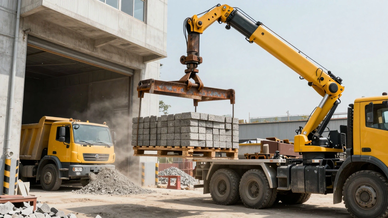 Кран-манипулятор разгружает паллеты с плиткой на стройплощадке