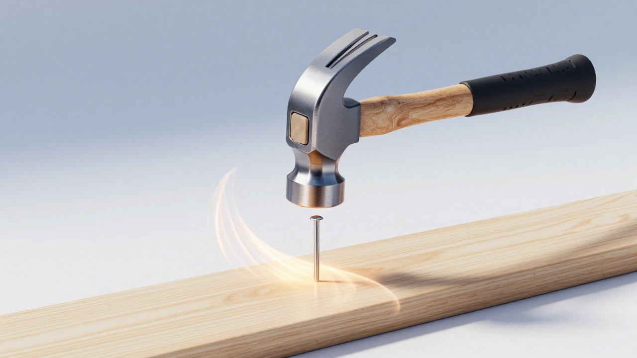 Молоток в момент удара по гвоздю с визуализацией энергии