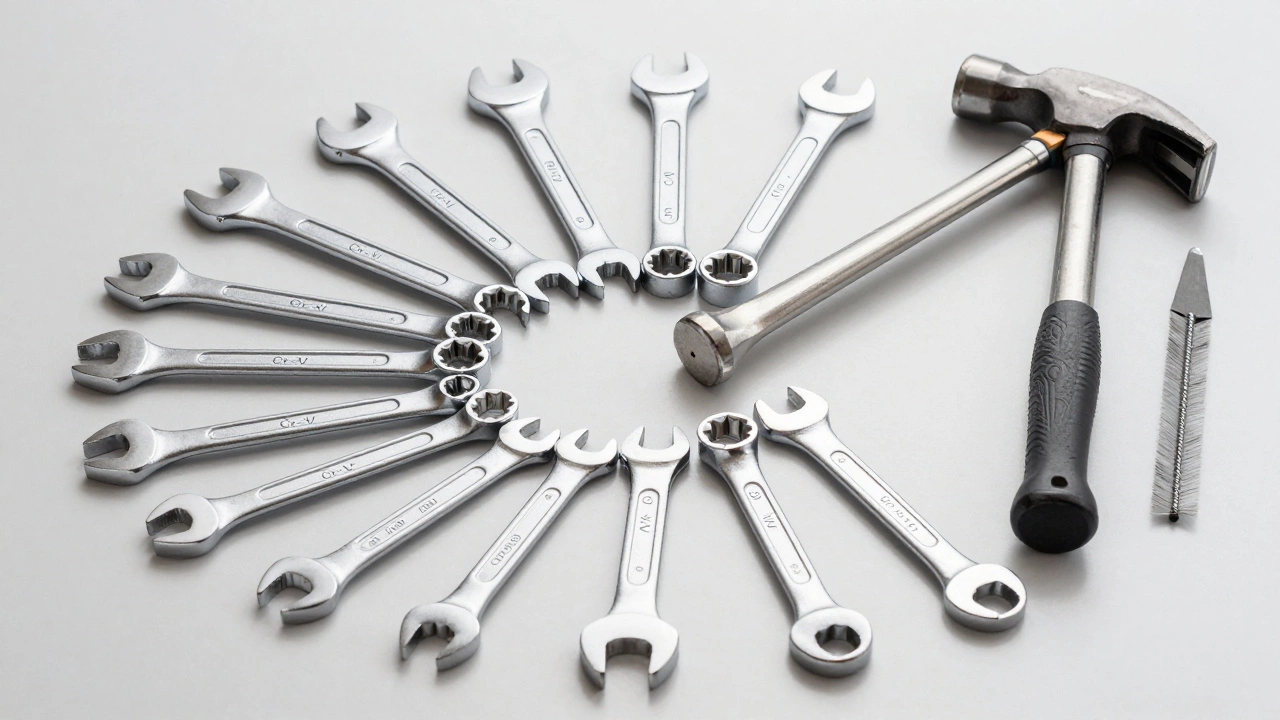 Набор профессиональных гаечных ключей, молоток и напильник на столе
