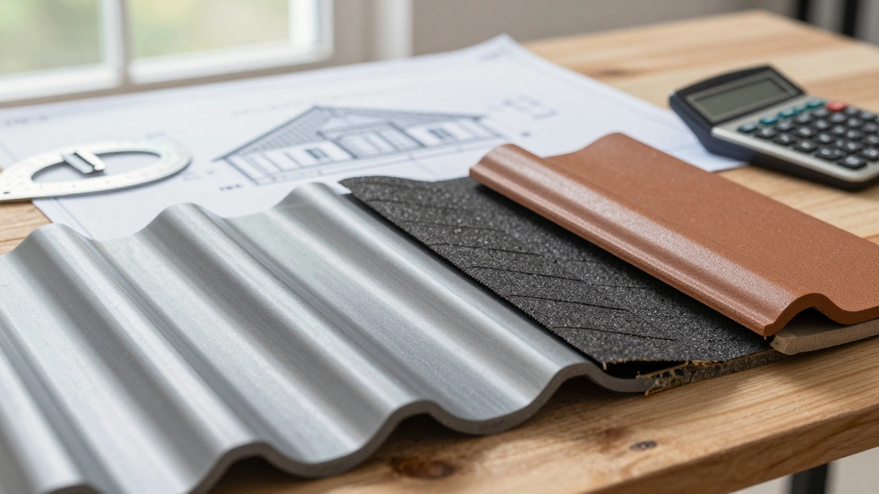 Образцы кровельных материалов и чертежи для расчета угла наклона крыши