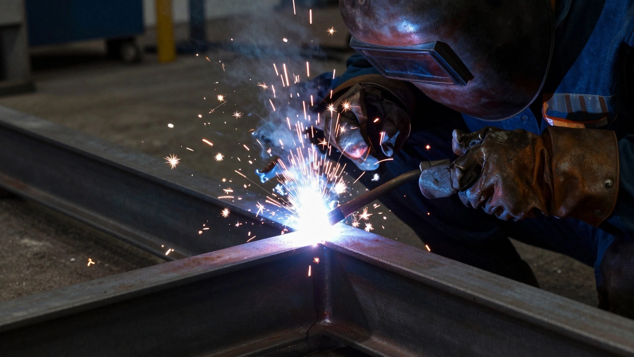 Процесс сварки стальной балки с V-образной разделкой кромок и яркой дугой