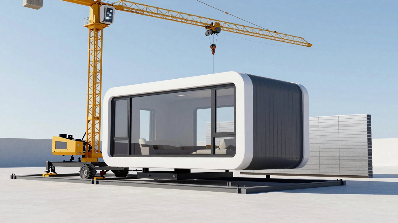 Процесс установки готового модуля современного дома с помощью крана