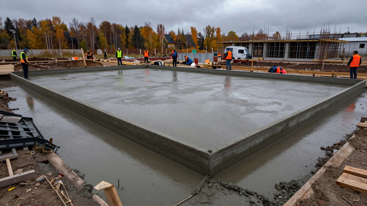 Процесс заливки монолитной плиты фундамента на строительной площадке