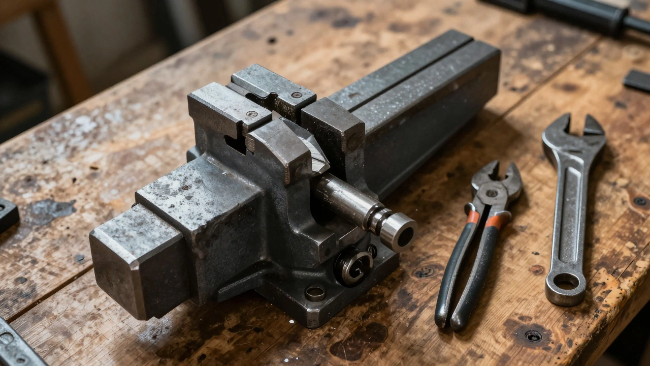Слесарные тиски, зажимающие металлическую деталь на деревянном столе