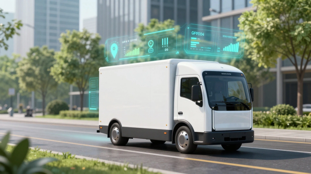 Современный электрогрузовик в городе с элементами цифровой телематики