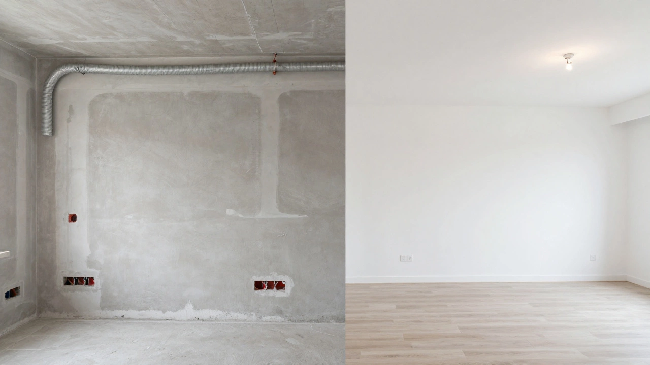 Сравнение этапа прокладки инженерных коммуникаций и готовой чистовой отделки интерьера.