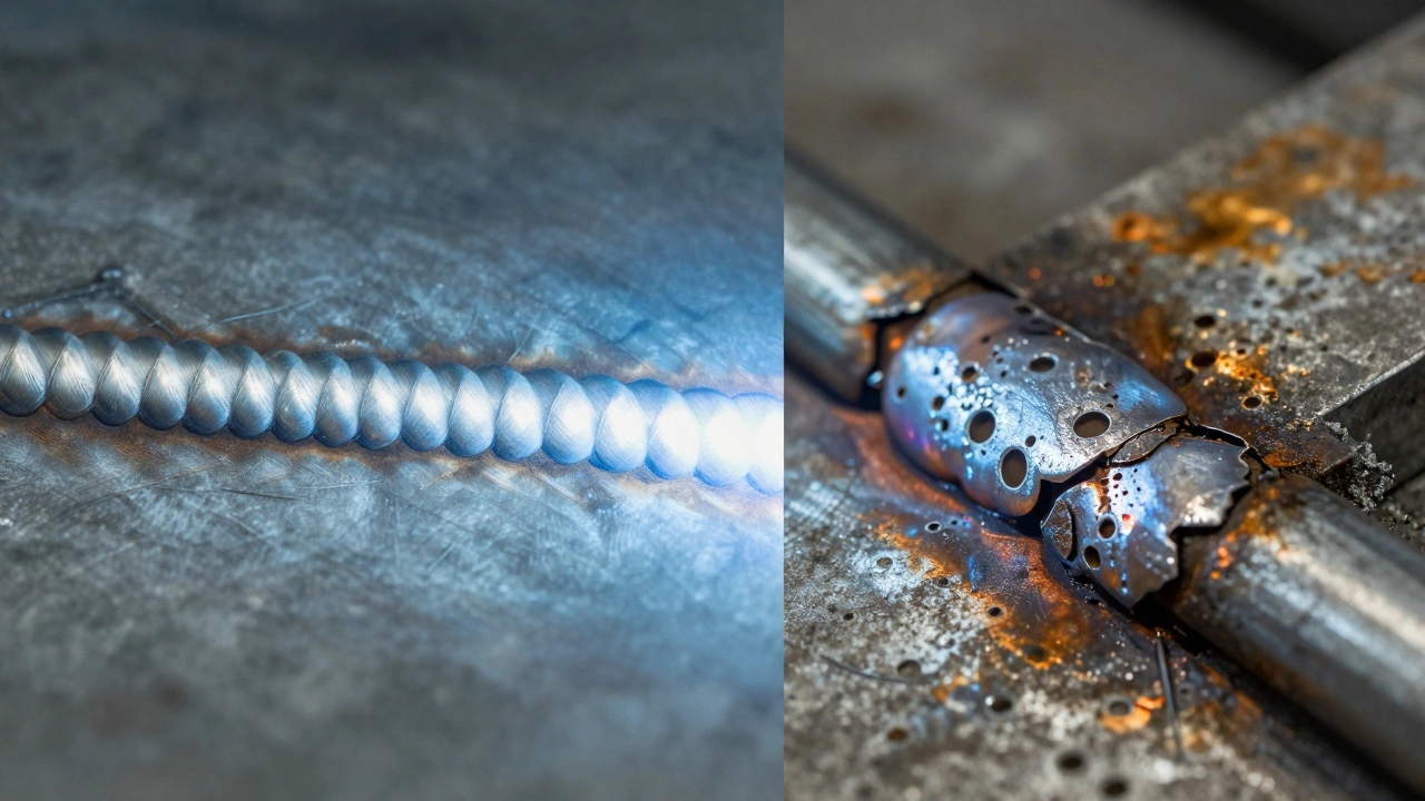 Сравнение качественного ровного шва и бракованного шва с порами и подрезами