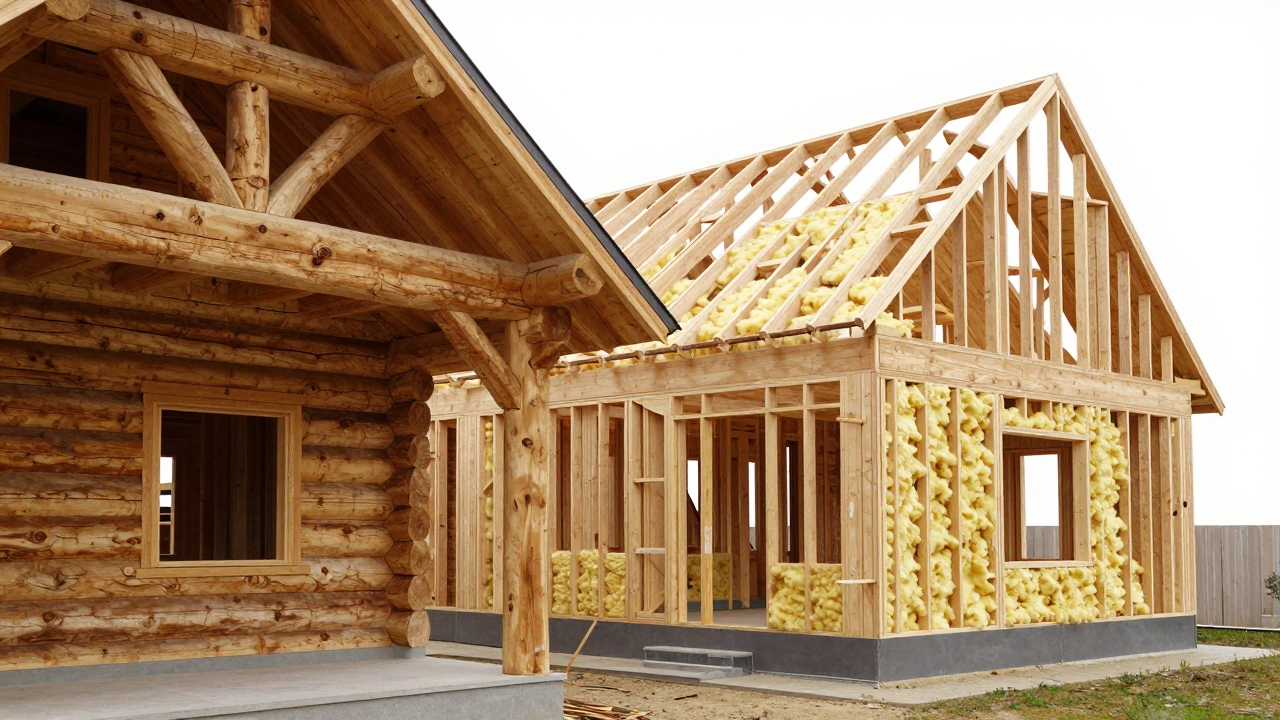 Сравнение традиционного сруба из бревна и современного каркасного дома в разрезе