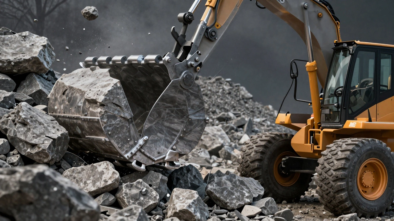 Усиленный скальный ковш и ковш-ракушка при работе с бетонным мусором и камнями