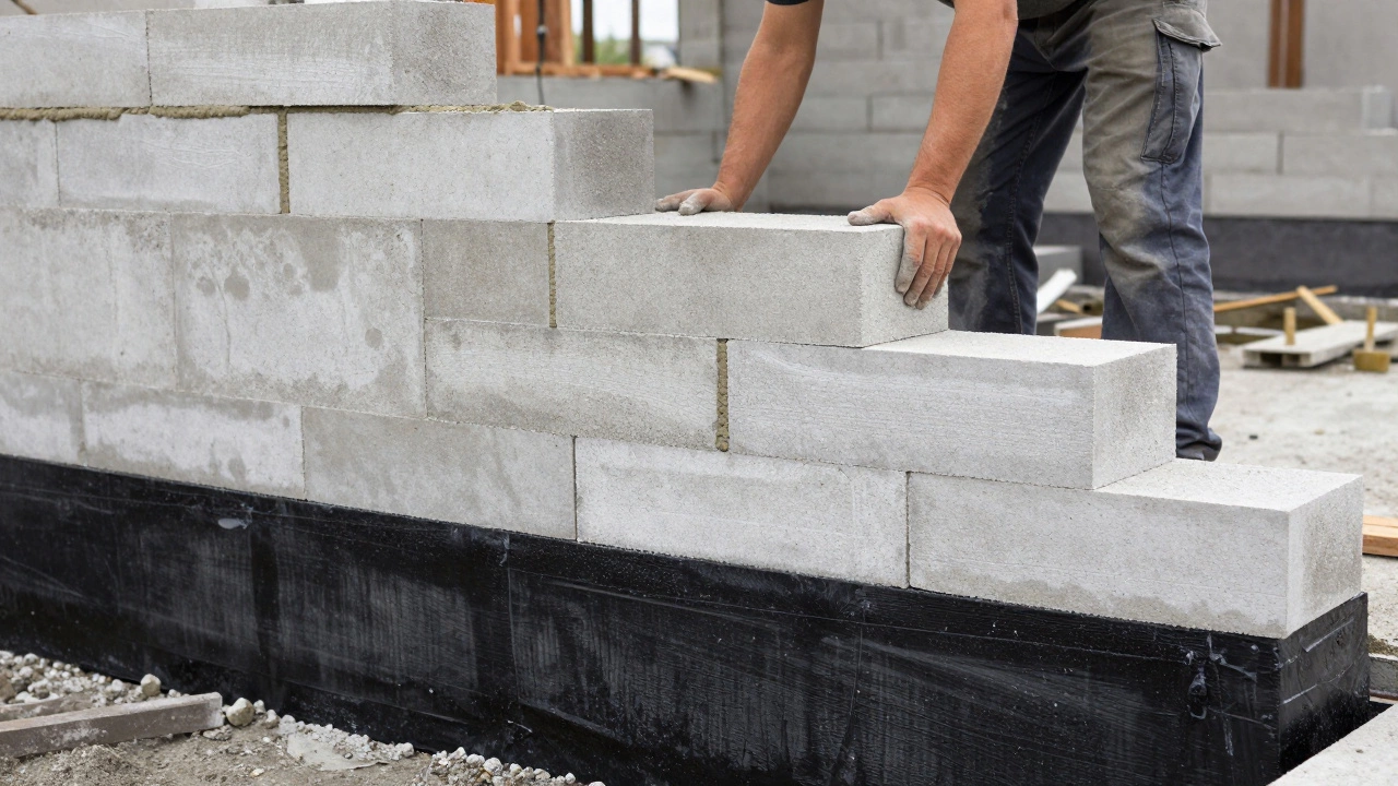 Возведение стен из газобетона на гидроизолированном бетонном фундаменте.