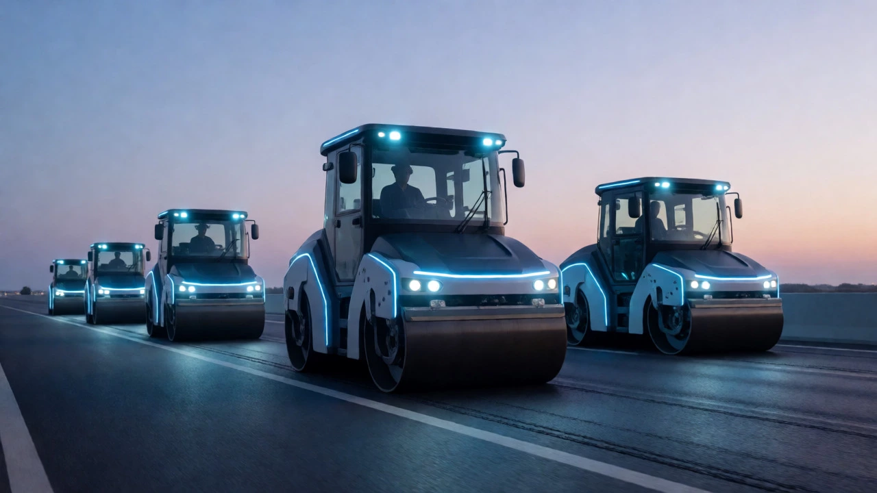 Автономные электрические катки работают на дороге в сумерках